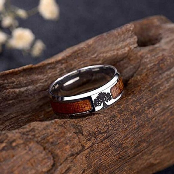 8mm Mens Stainless Steel Wedding Bands. Etched Tree of Life Icon and Wood Inlay - Picture 2 of 3